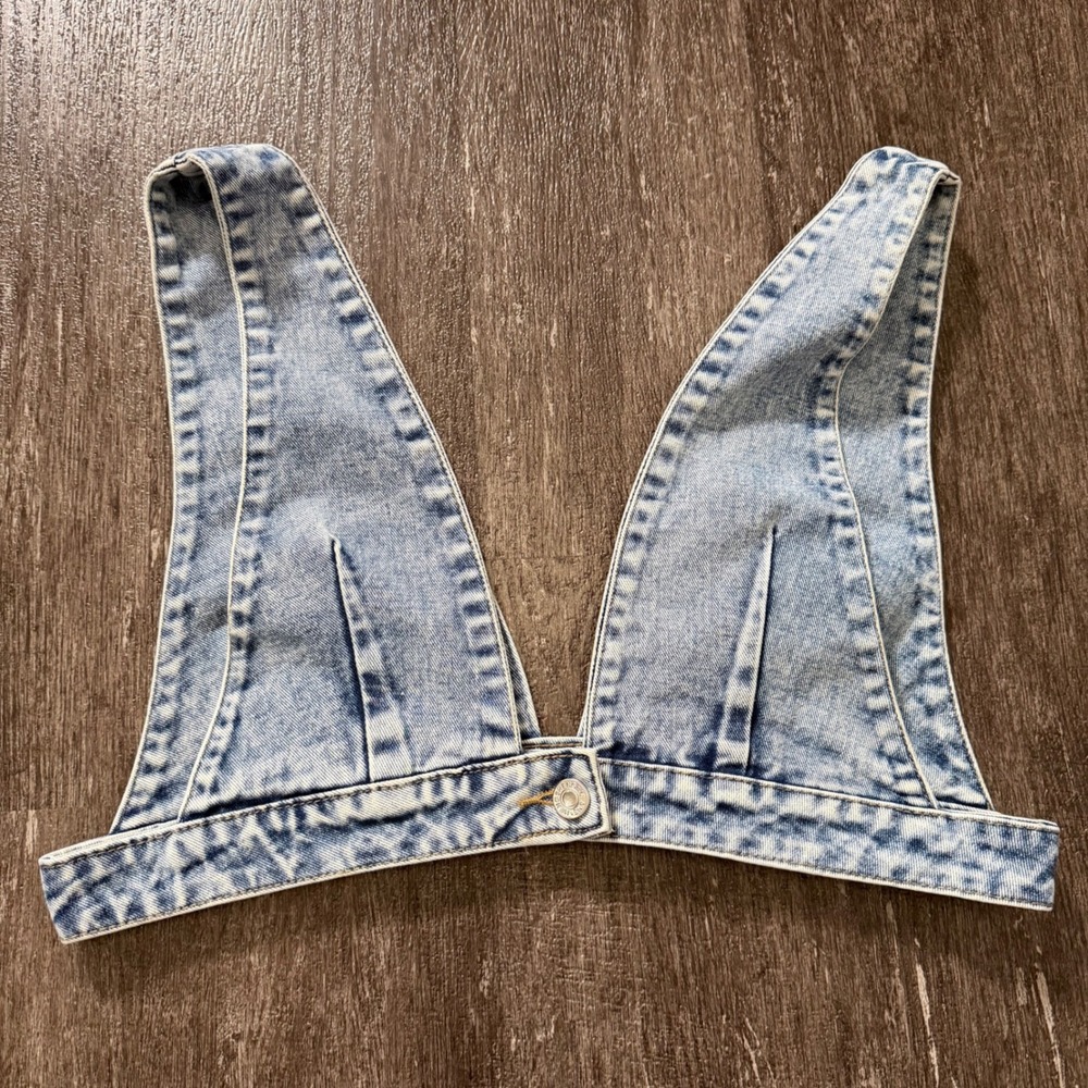 SHEIN Bralette Top Womens Large Blue Acid Wash Denim Deep V-Neck Festival Y2K